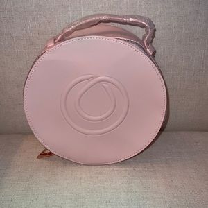 Pink round zipped makeup travel bag with handle, new!